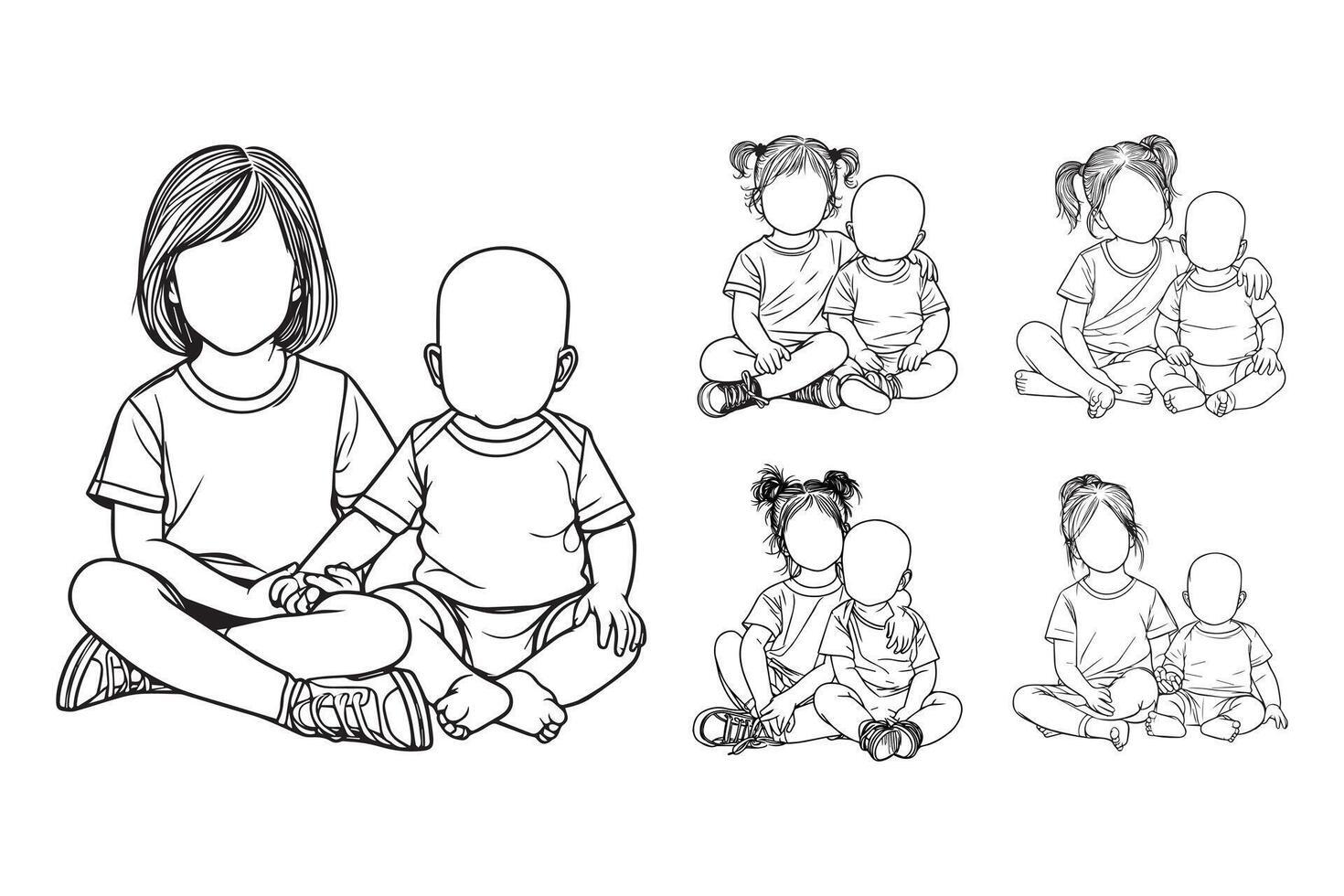 Hand-drawn clipart depicts a happy moment between a bald baby and sister vector