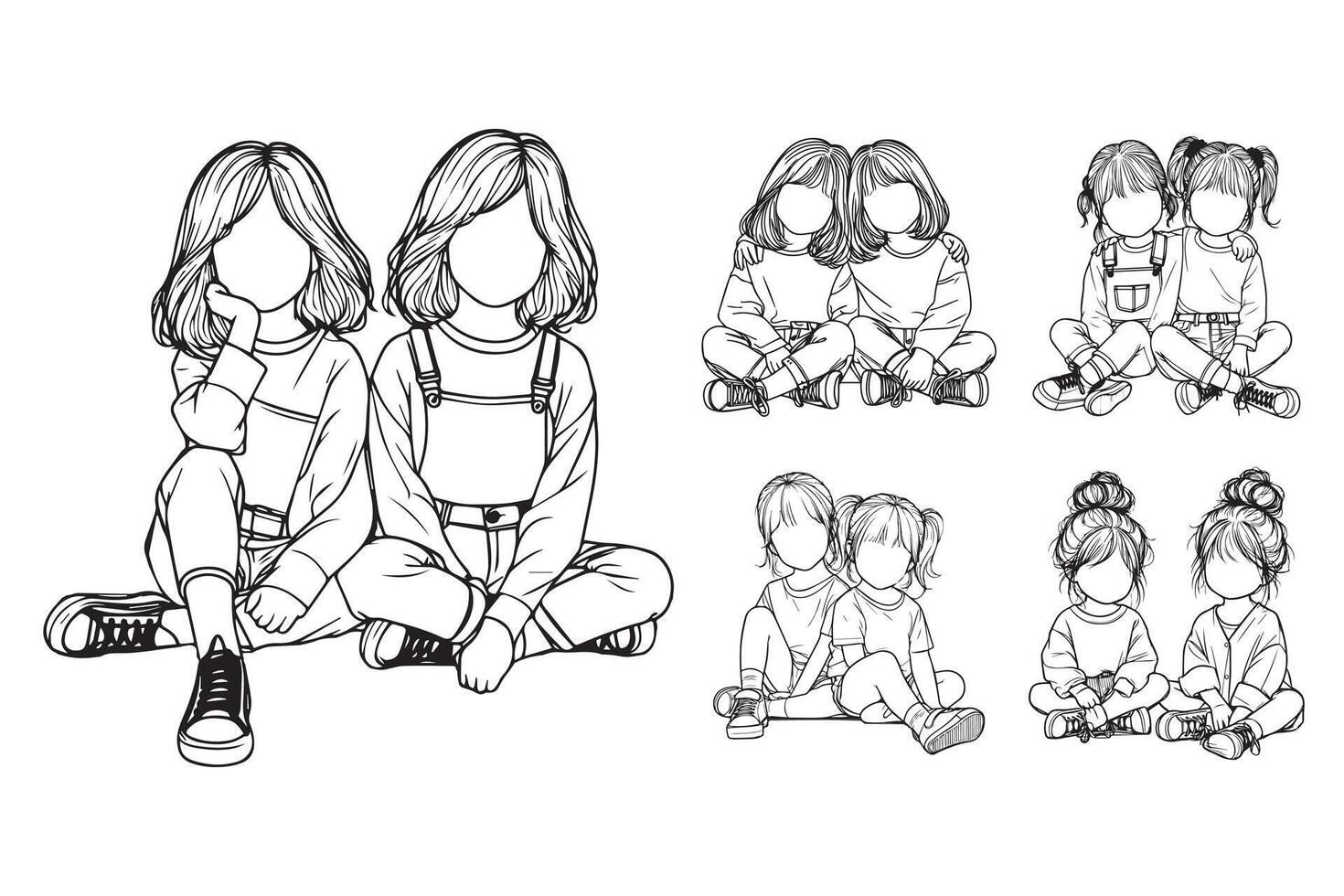 Art showcasing joyful poses of twin sisters in line art vector