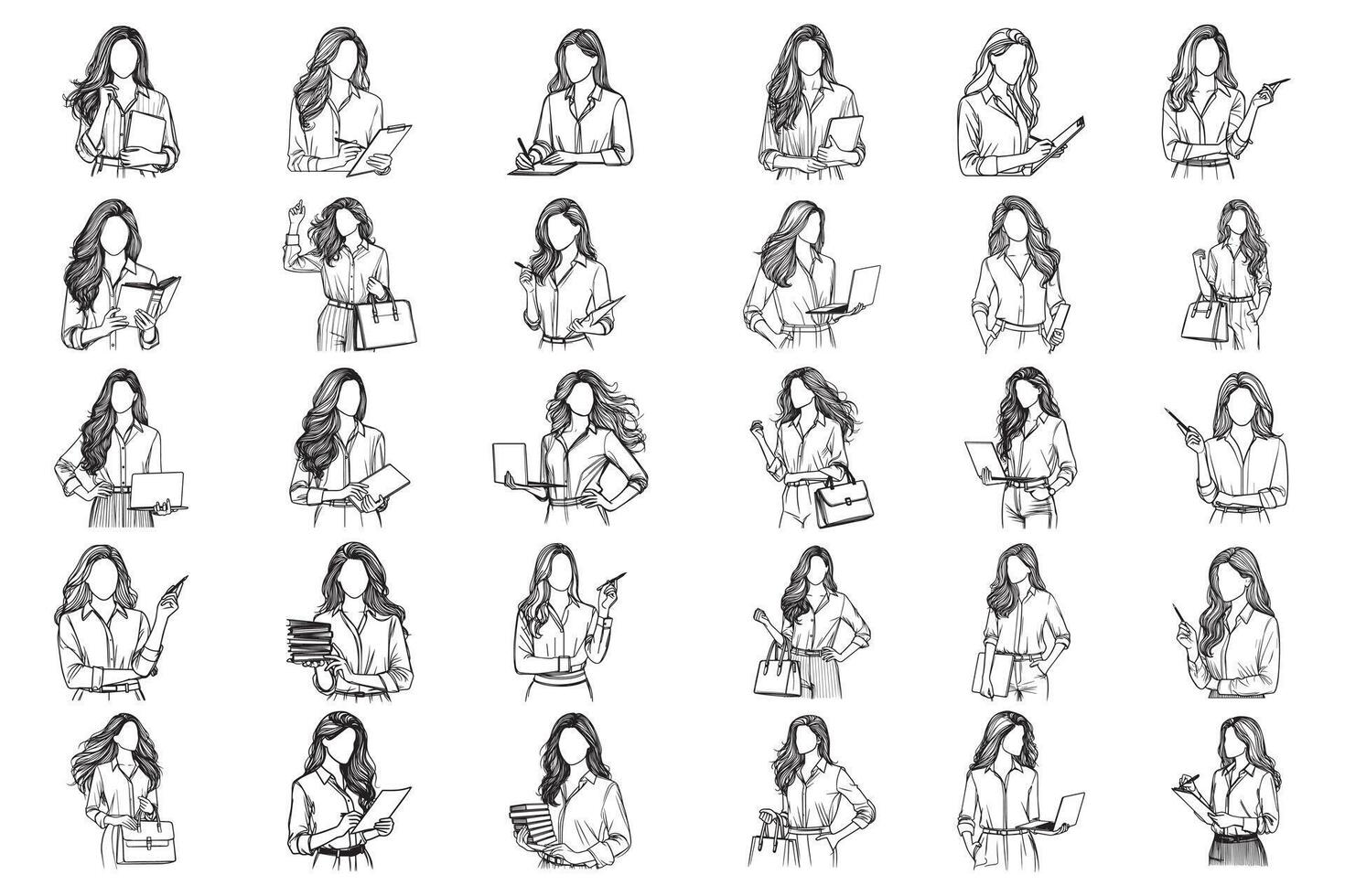 Bundle Line Art Entrepreneur Elegant Women Style Art Black and White Illustration Hand Drawn Clipart vector