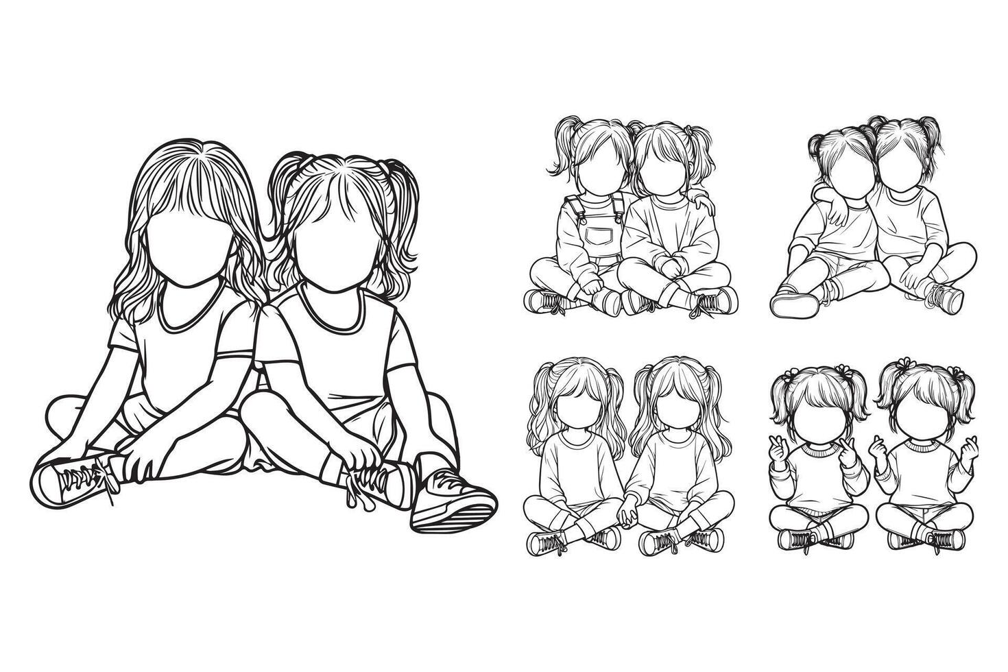 Line art of adorable twin sisters in cheerful poses vector