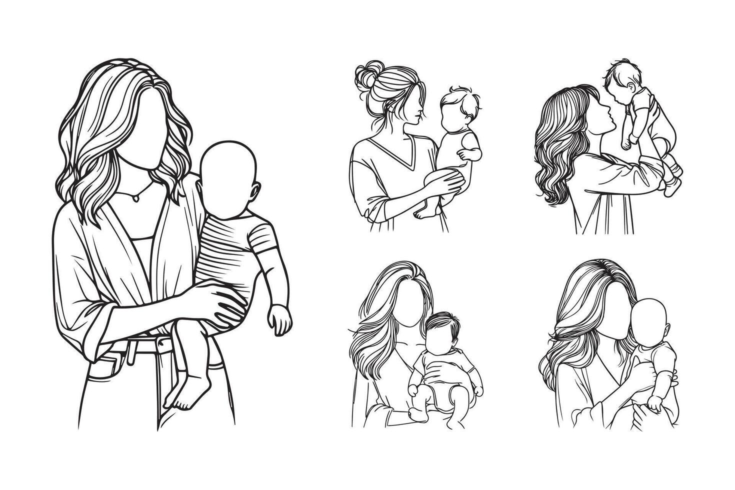 Line drawings of a cute baby enjoying time with mother vector