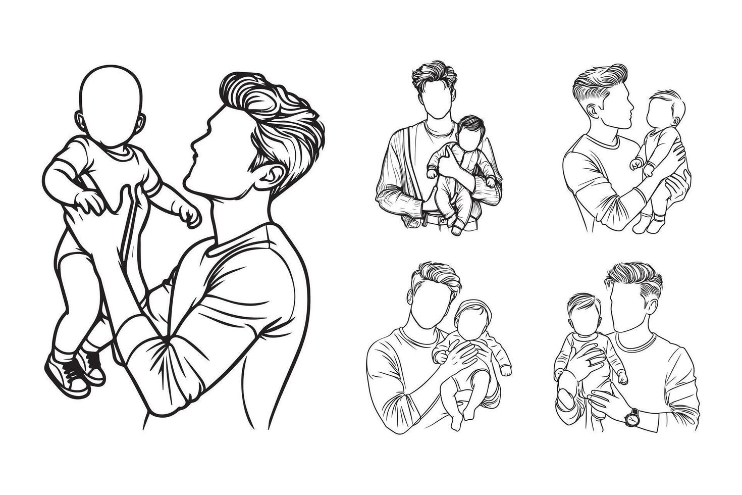 Hand-drawn illustrations of a baby and foster father in a loving pose vector