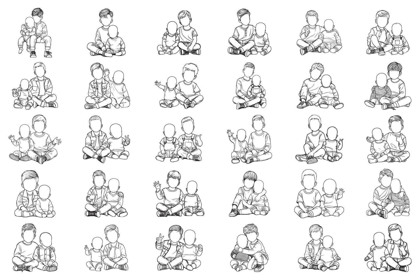 Bundle Line Art Happy Brotherhood Baby Love Close Sitting baby expressing love Illustration Hand Drawn Clipart vector