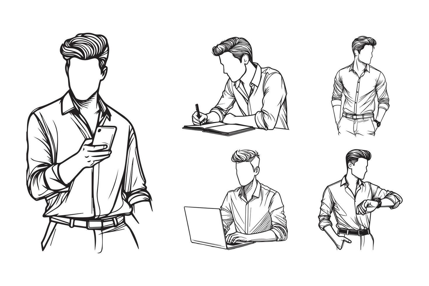 Line drawings of elegant men showcasing their casual fashion choices vector
