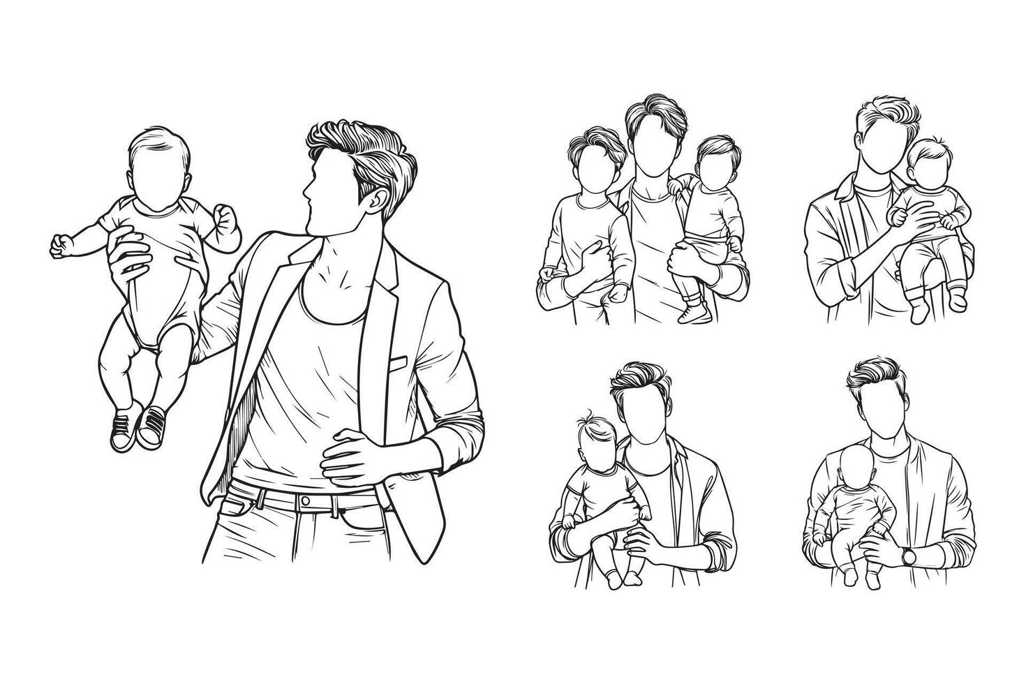 Line art depicting a cheerful baby with a foster father vector
