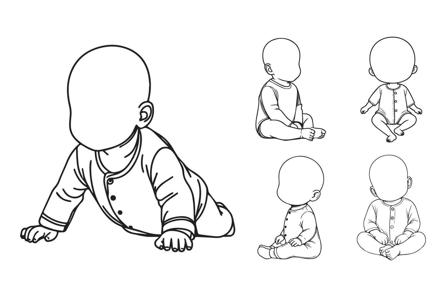 A joyful baby is depicted sitting and crawling in elegant clothing vector