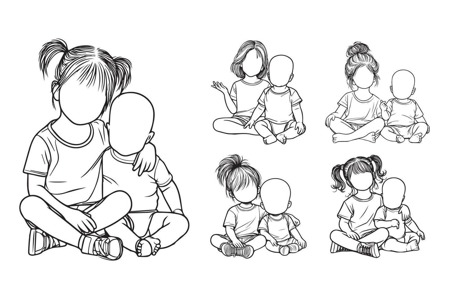 Black and white line art showcases a baby and child enjoying a cozy pose vector
