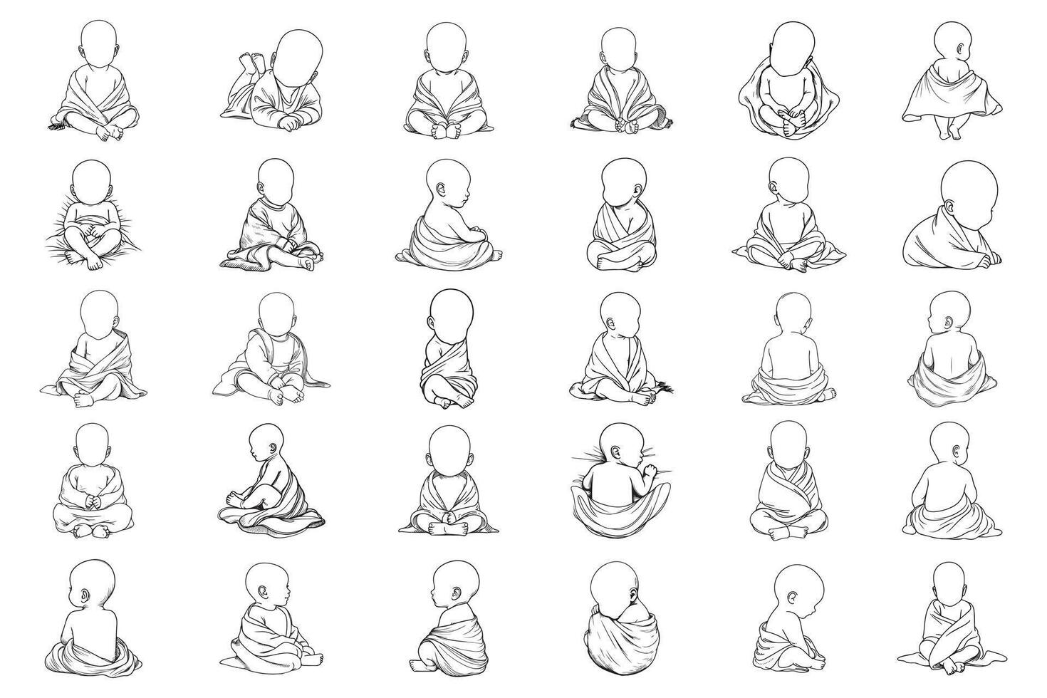 Bundle Line Art Tiny Cute Baby Use Blanket lovely baby in a cozy blanket Illustration Hand Drawn Clipart vector
