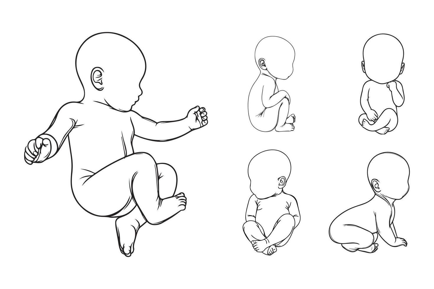 Black and white illustration showcasing a new baby in simple lines vector