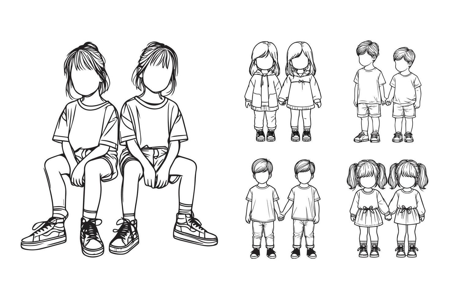 Line Art Fraternity Twin Child Happy Pose Art happy twin child Illustration Hand Drawn Clipart vector
