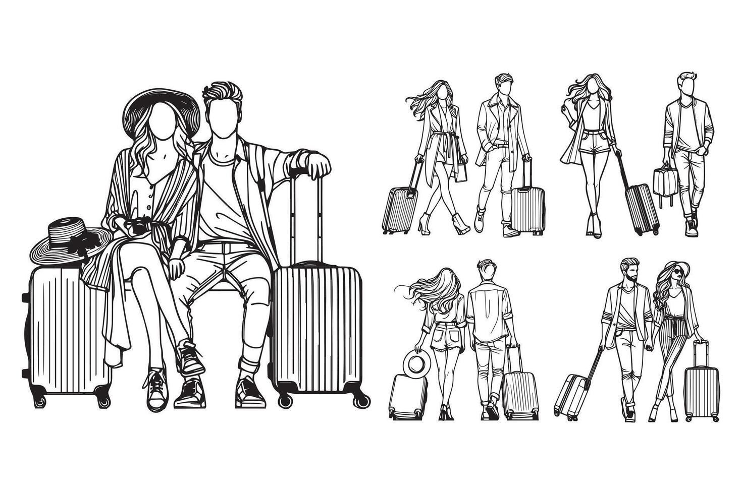 Hand-drawn clipart featuring a couple with a suitcase vector