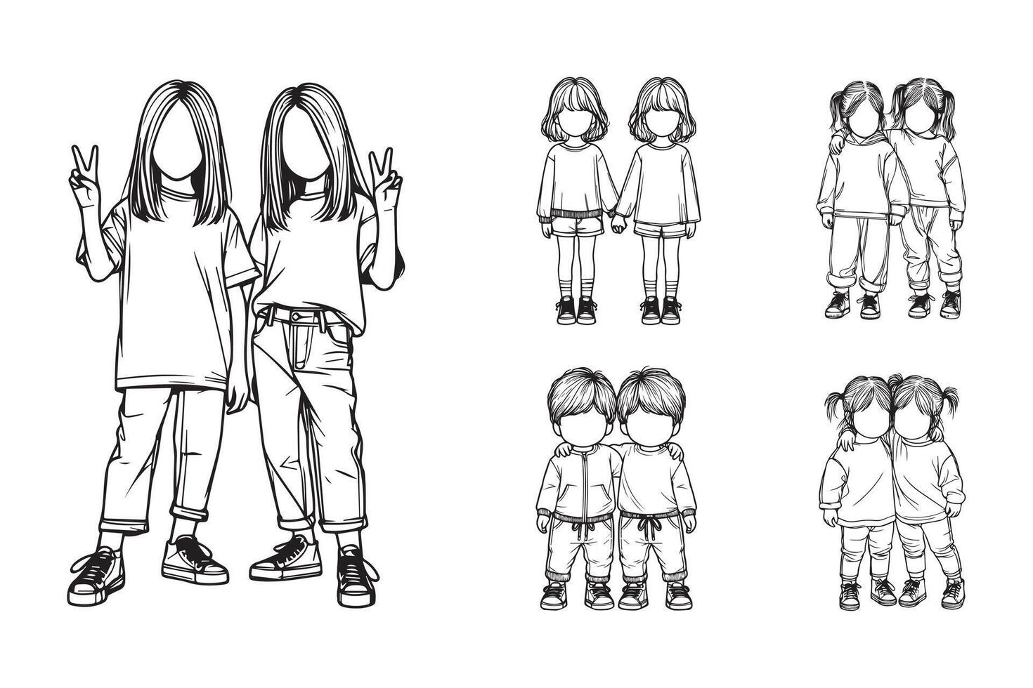 Line art depicting a joyful twin child poses in a black and white illustration vector