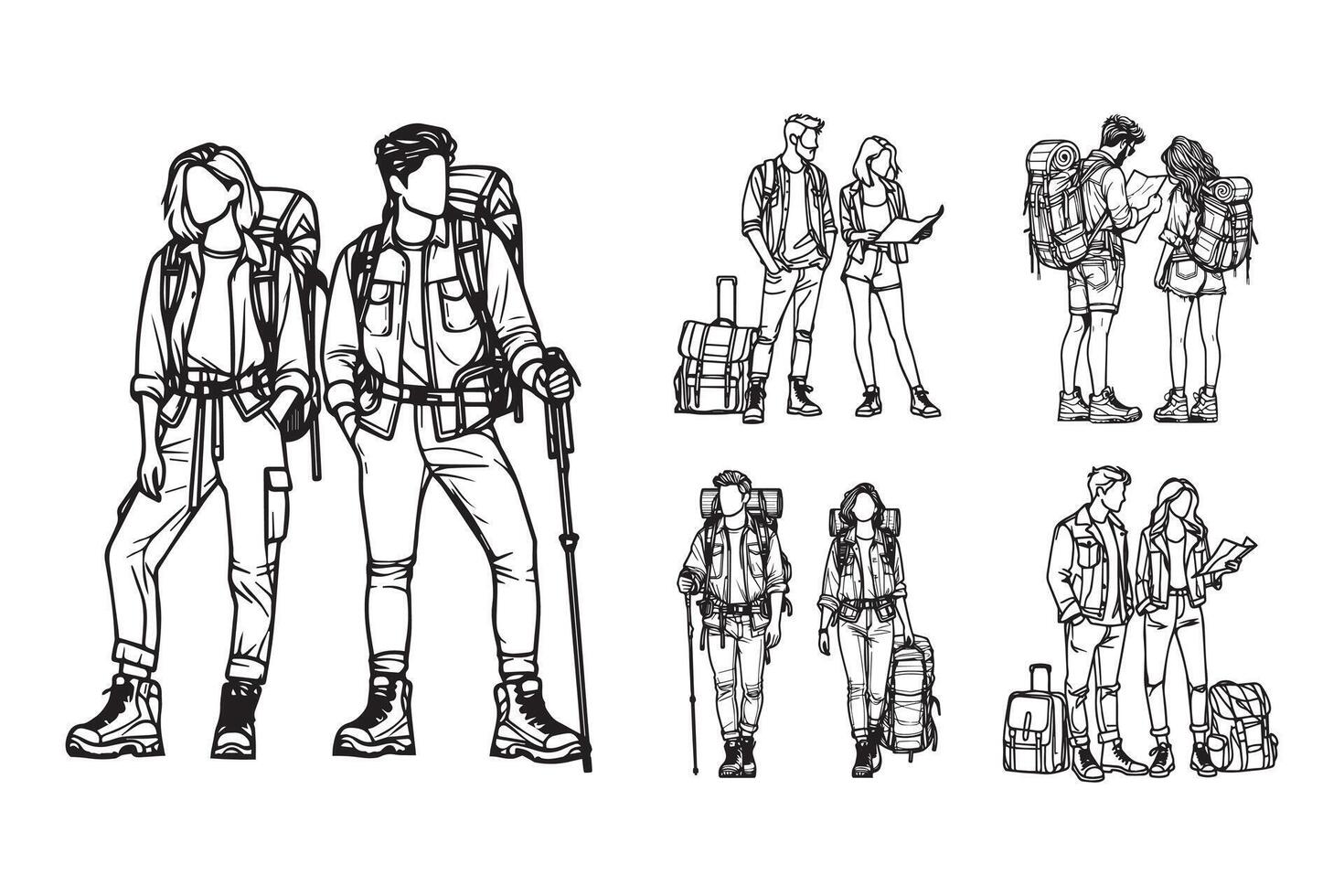 Artistic representation of a couple using trekking equipment vector