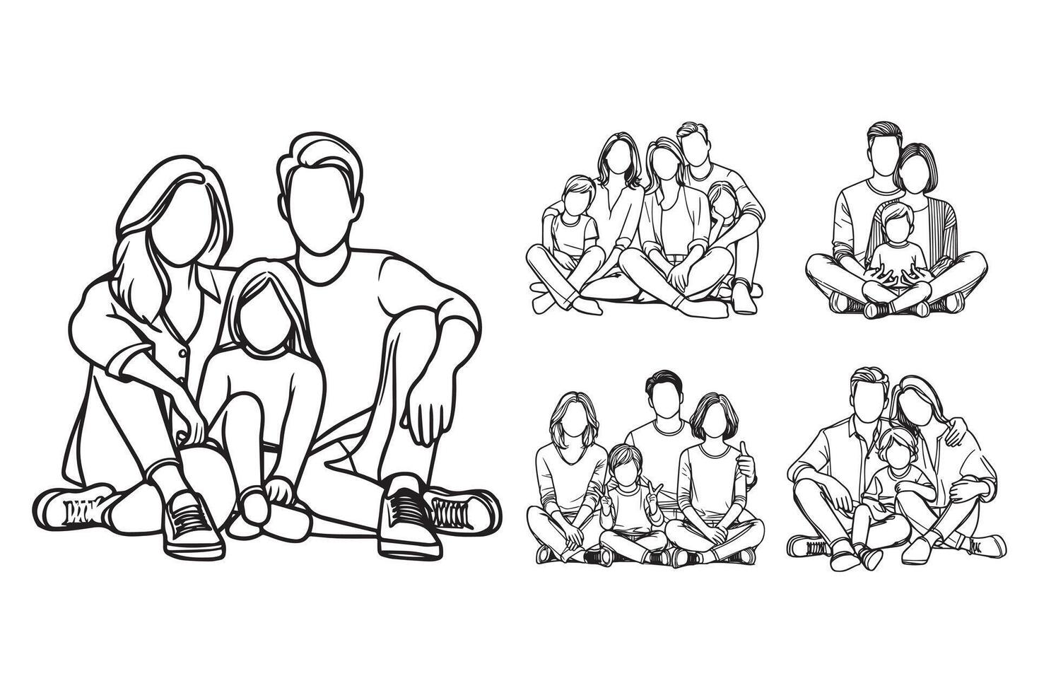 Intimate family gathered together in a relaxed pose showcases cheerful line art vector