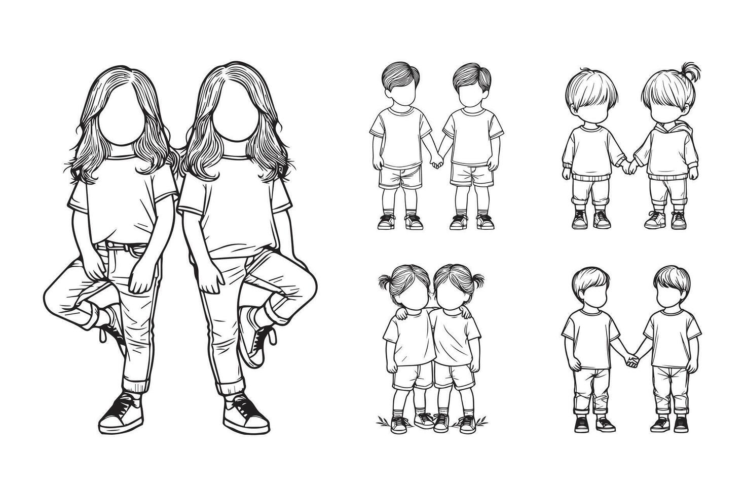 A hand-drawn illustration showcases a happy twin child in line art style vector