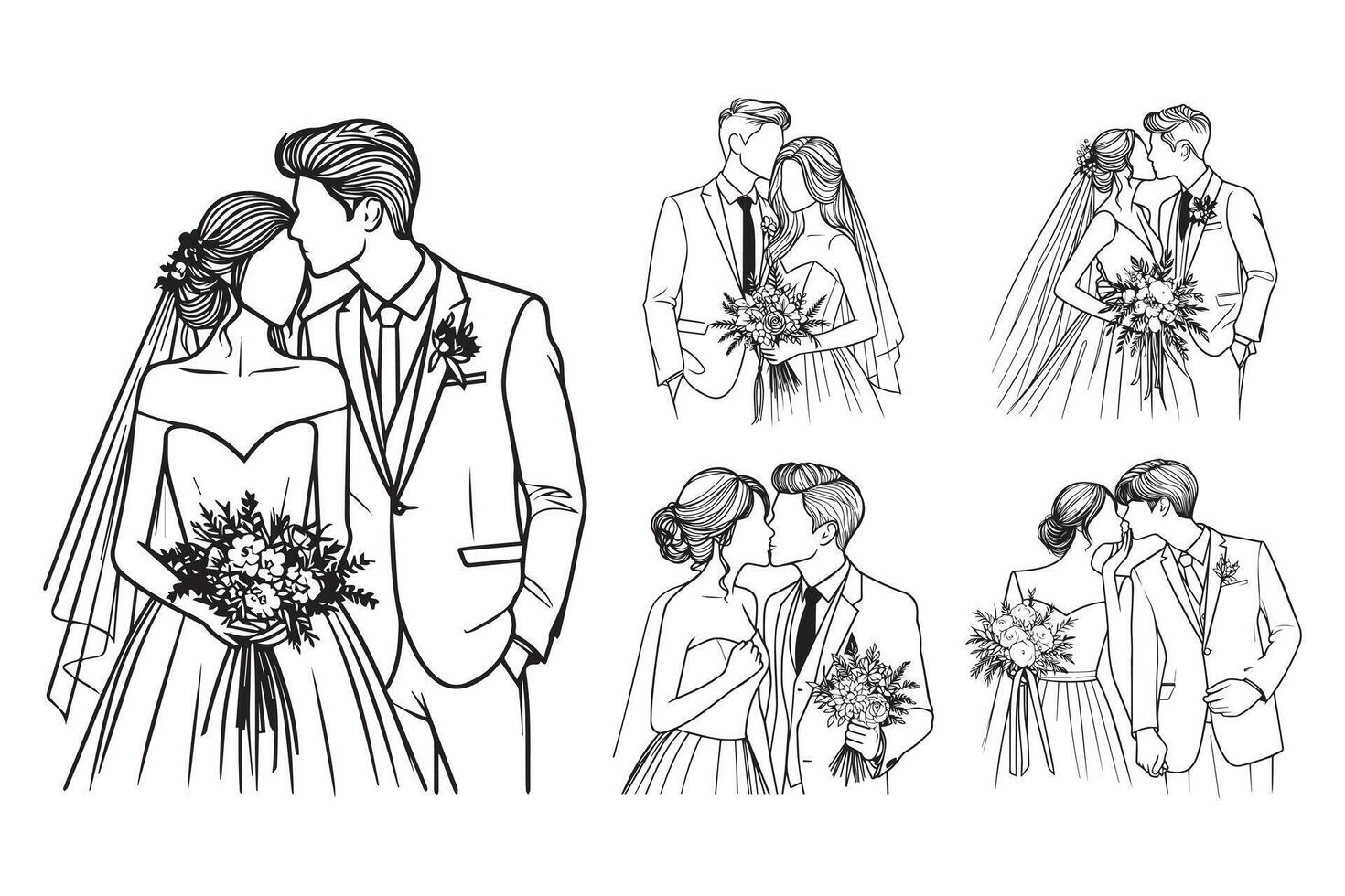 Couple illustrated in line art, emphasizing their kiss and wedding romance vector