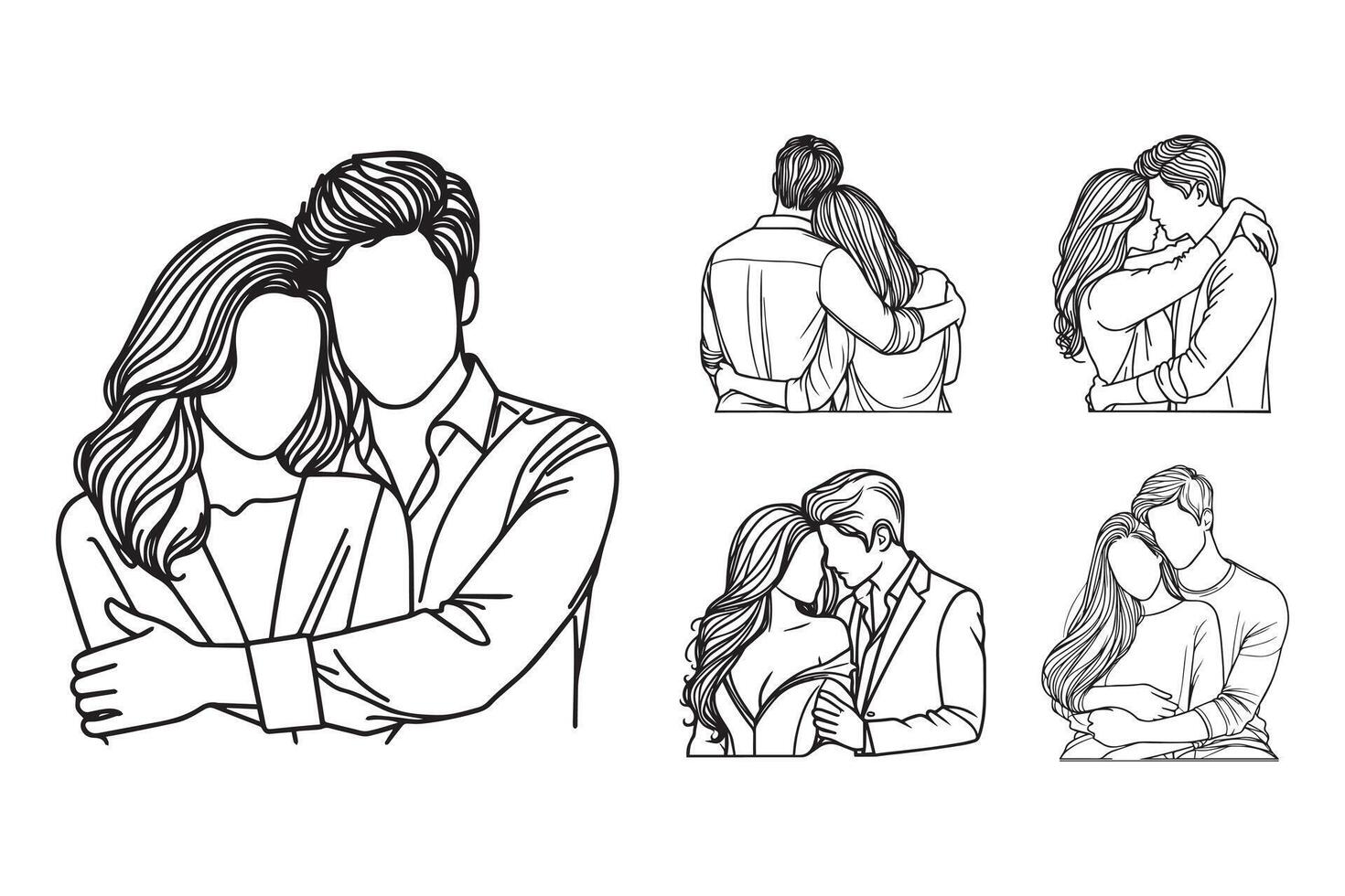 A hand-drawn line art illustration of a couple embracing in a romantic pose vector