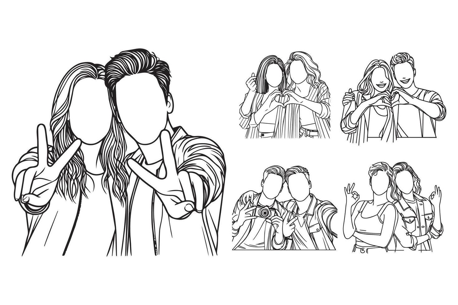 A cheerful black and white illustration of friends posing lover vector