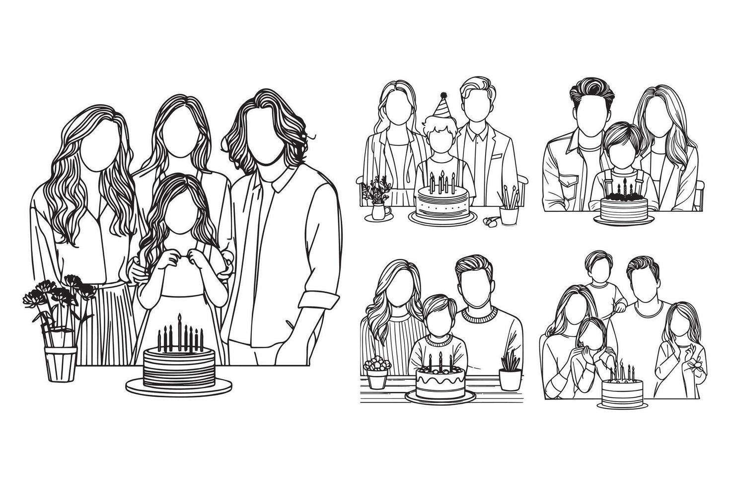 A black and white depiction of a family enjoying a birthday party vector