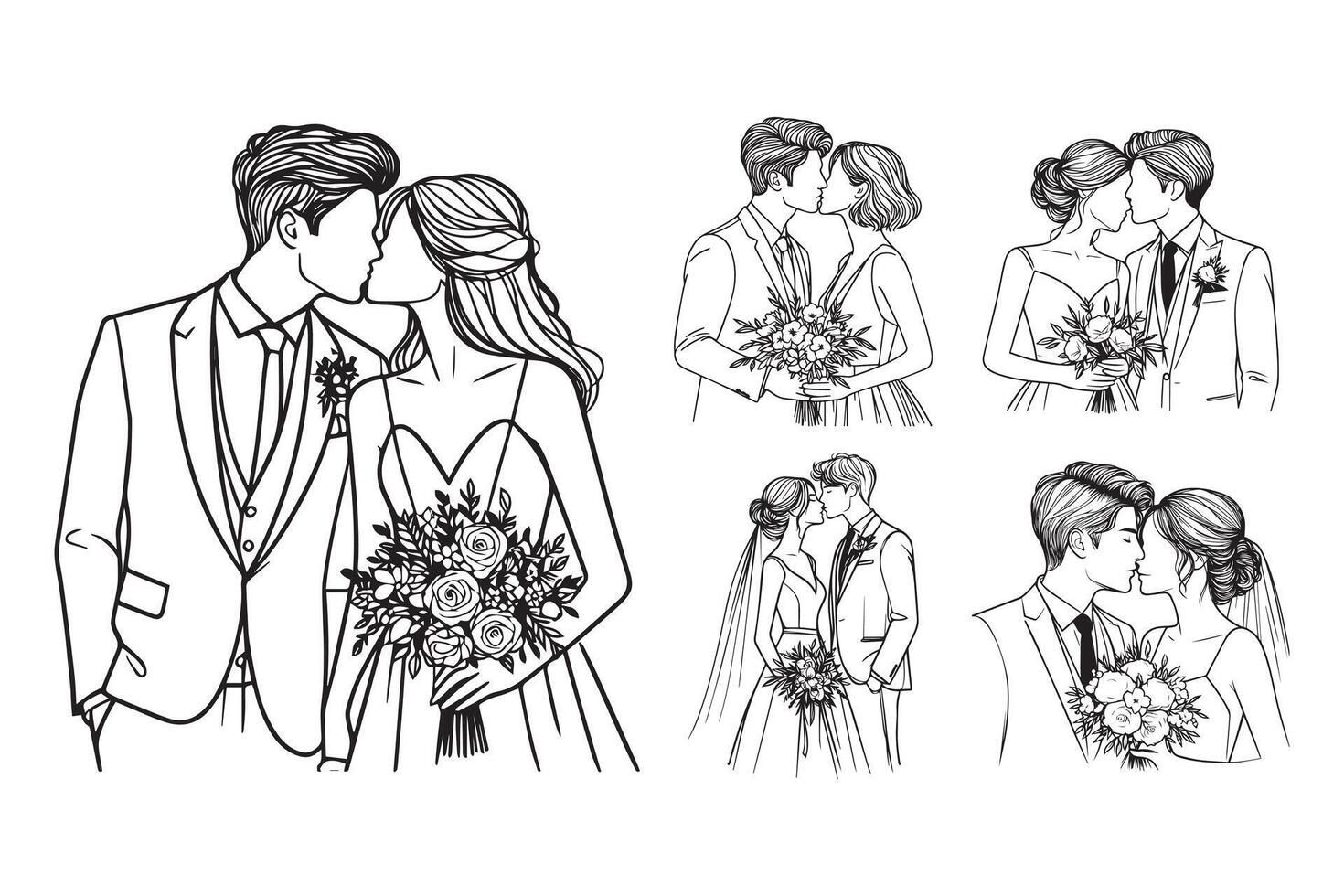 A hand-drawn line art illustration of a romantic couple kissing at their wedding vector