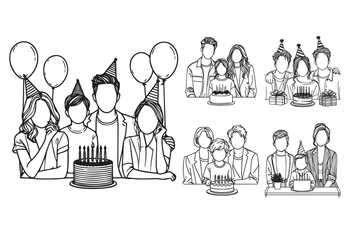 Illustration of a happy family with a birthday cake in line art style vector