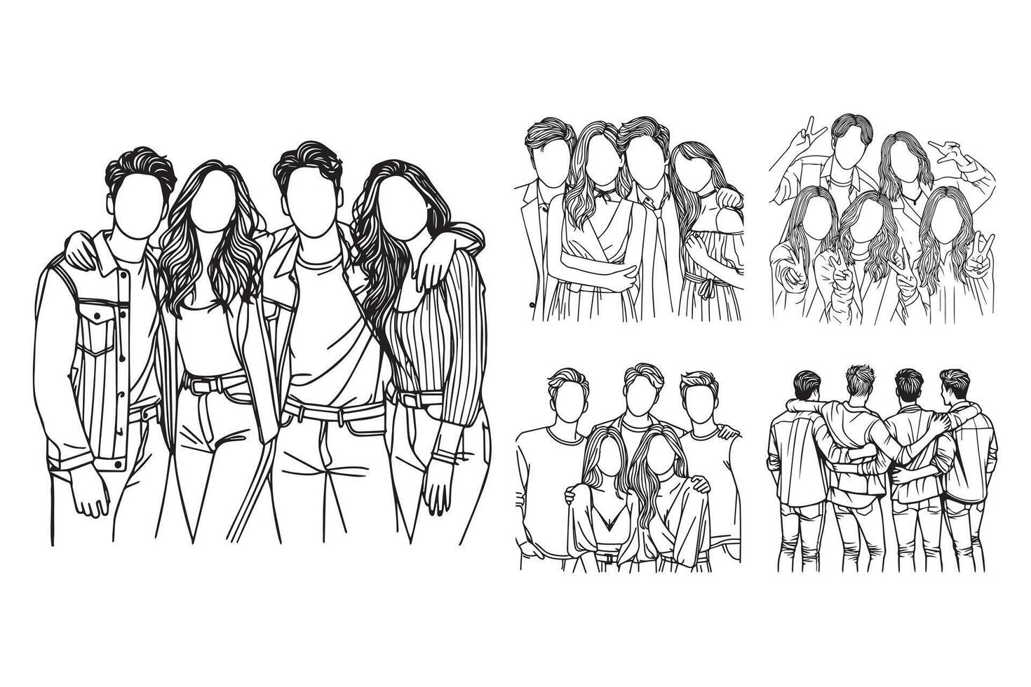 Line Art Best Four Friendship Photo Art Black and White Illustration Hand Drawn Clipart vector