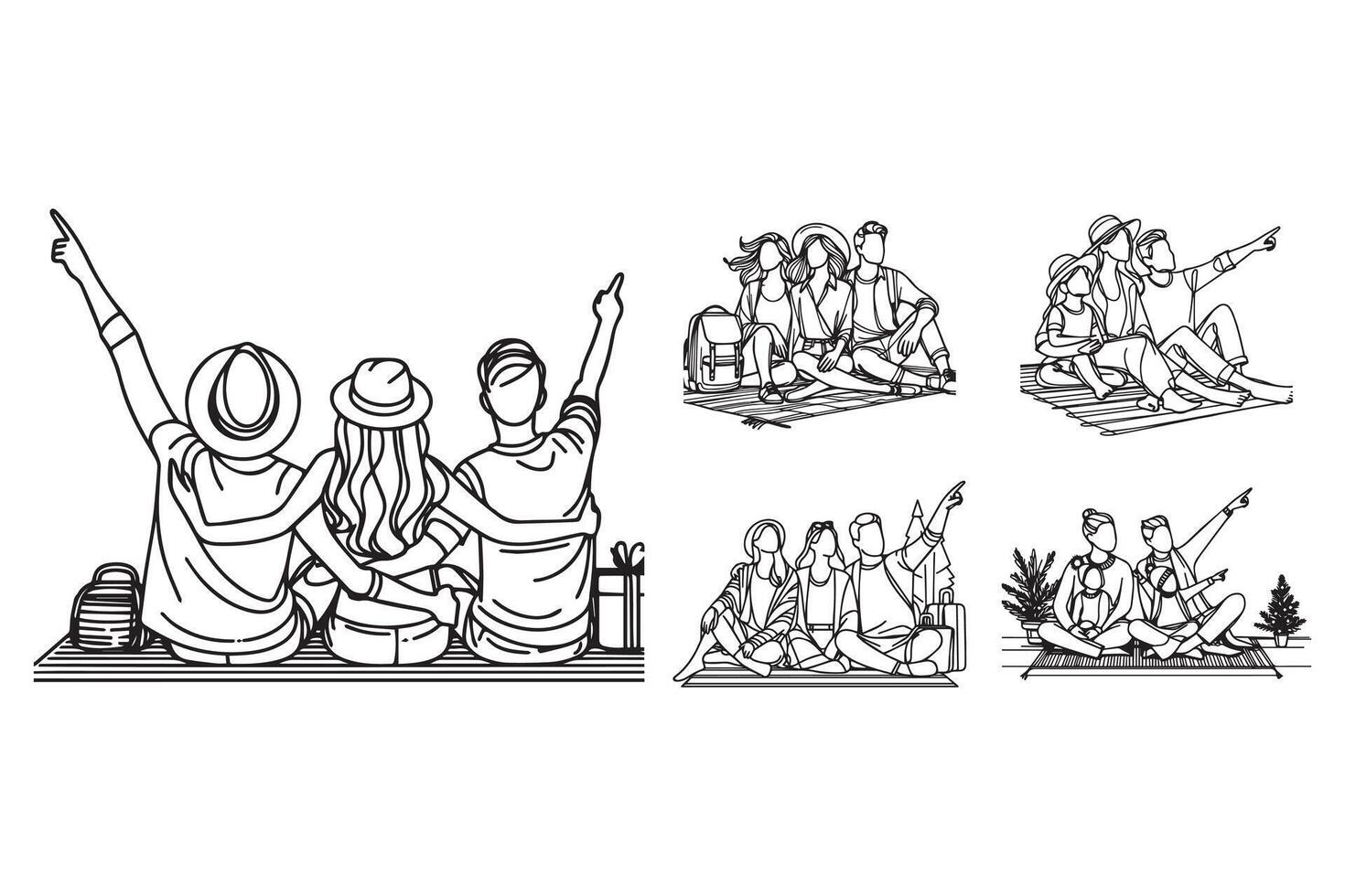 A hand-drawn line art illustration of a cheerful family on holiday vector