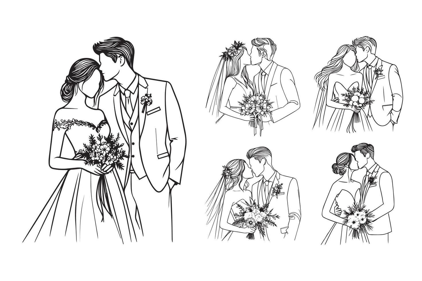 Illustration of a wedding scene featuring a kissing couple in line art style vector