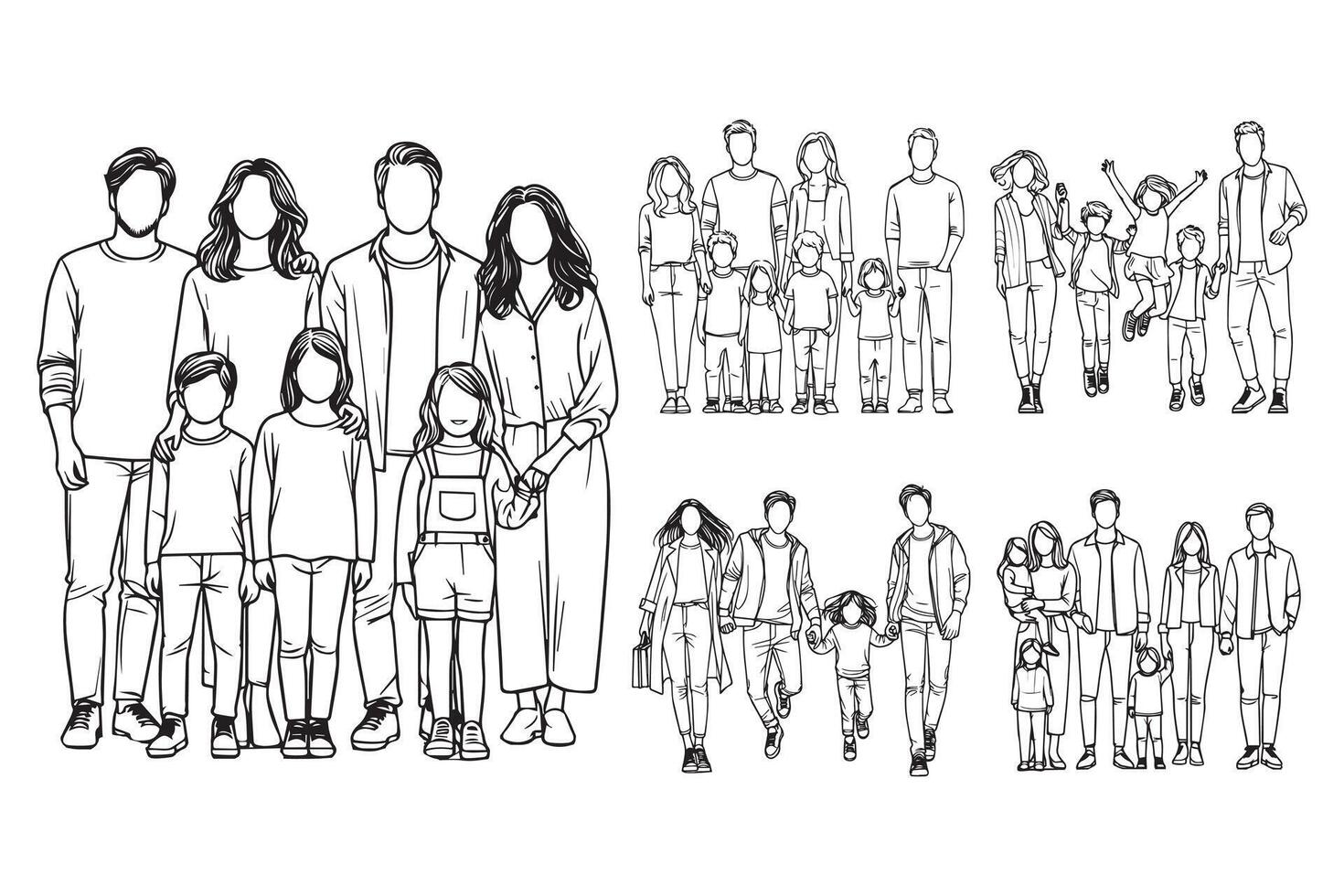 Line art of a big family, emphasizing their cheerful expressions vector