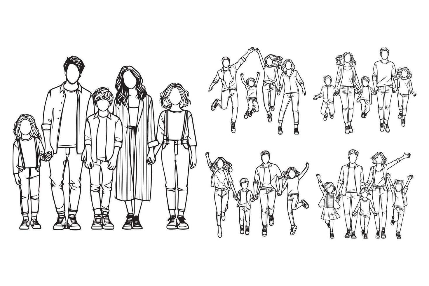 Cheerful big family illustrated in line art, highlighting their happiness vector