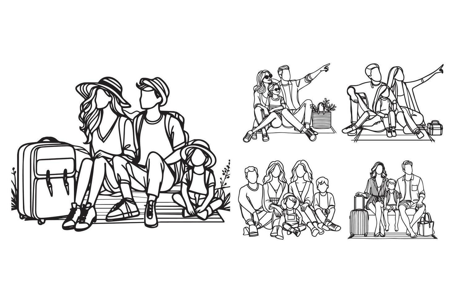 Black and white clipart depicting a family sitting together joyfully vector