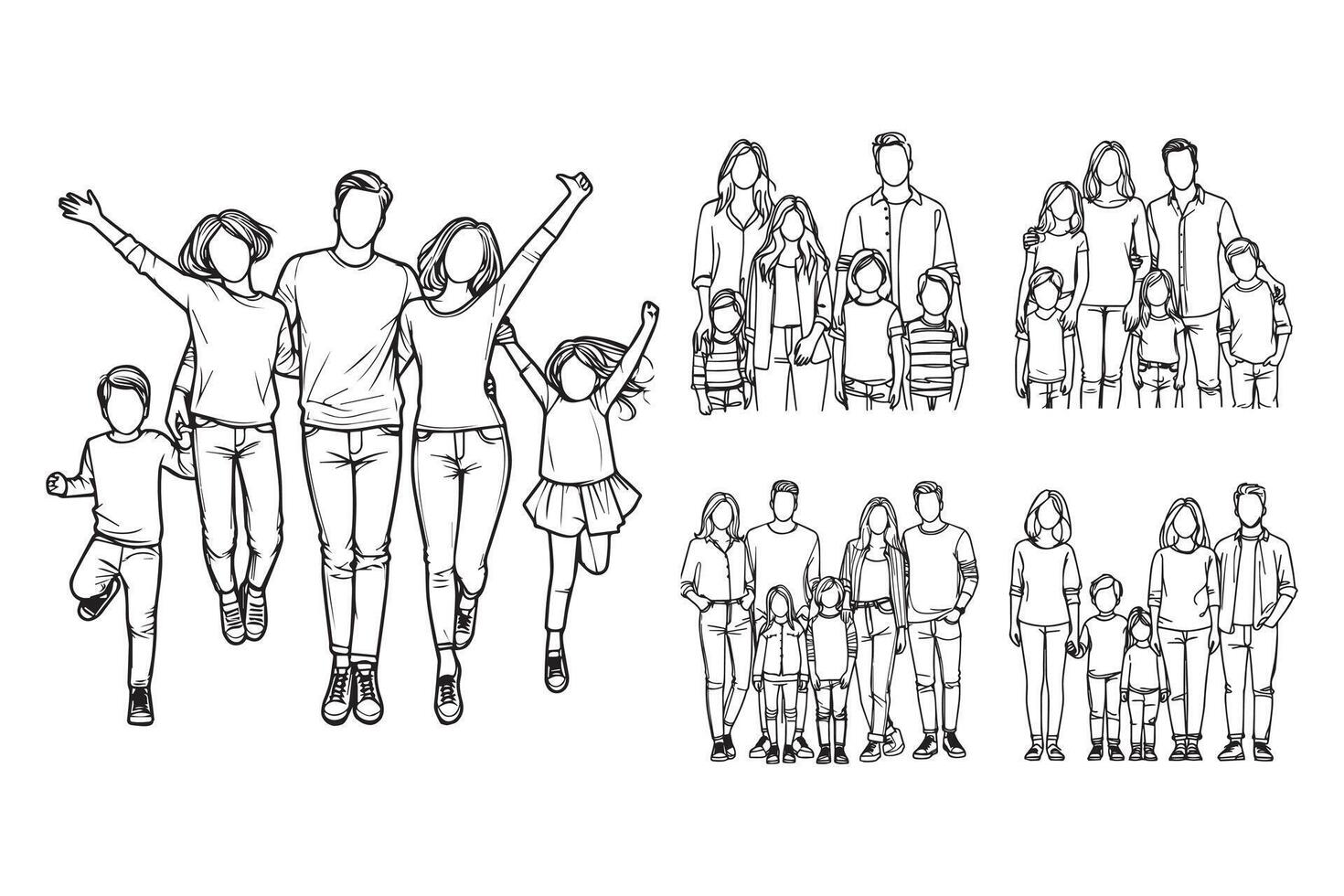 A black and white depiction of a lively big family vector