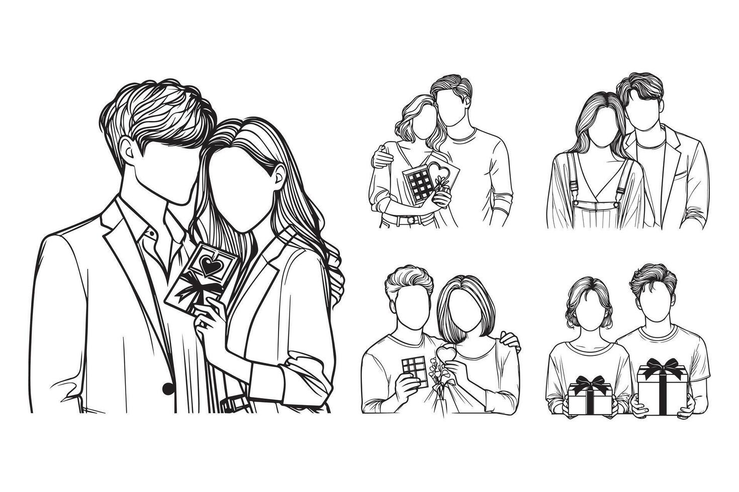 Romantic pose of a couple illustrated in line art vector