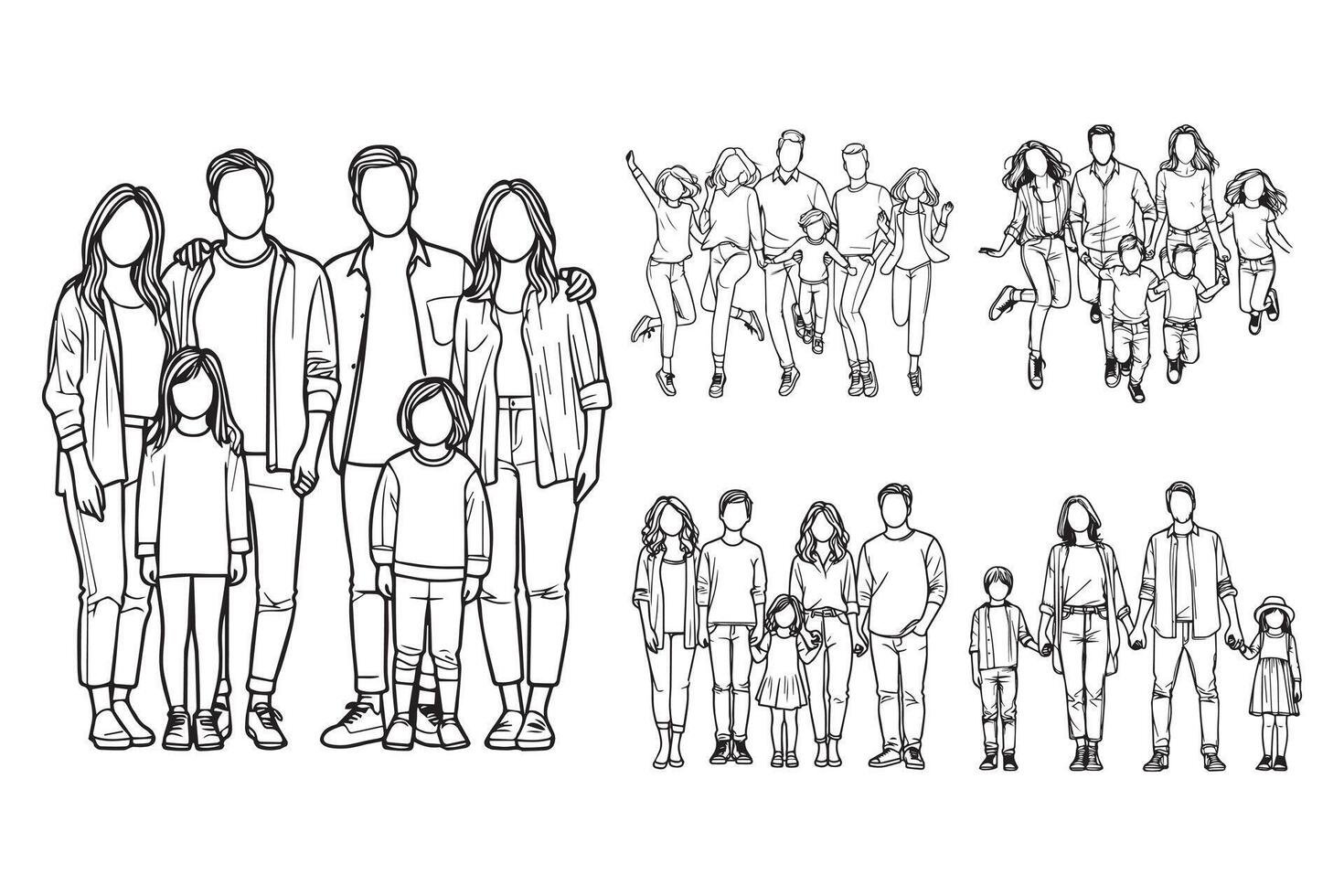 Line Art Cheerful Big Family Pose Photo Art Black and White Illustration Hand Drawn Clipart vector