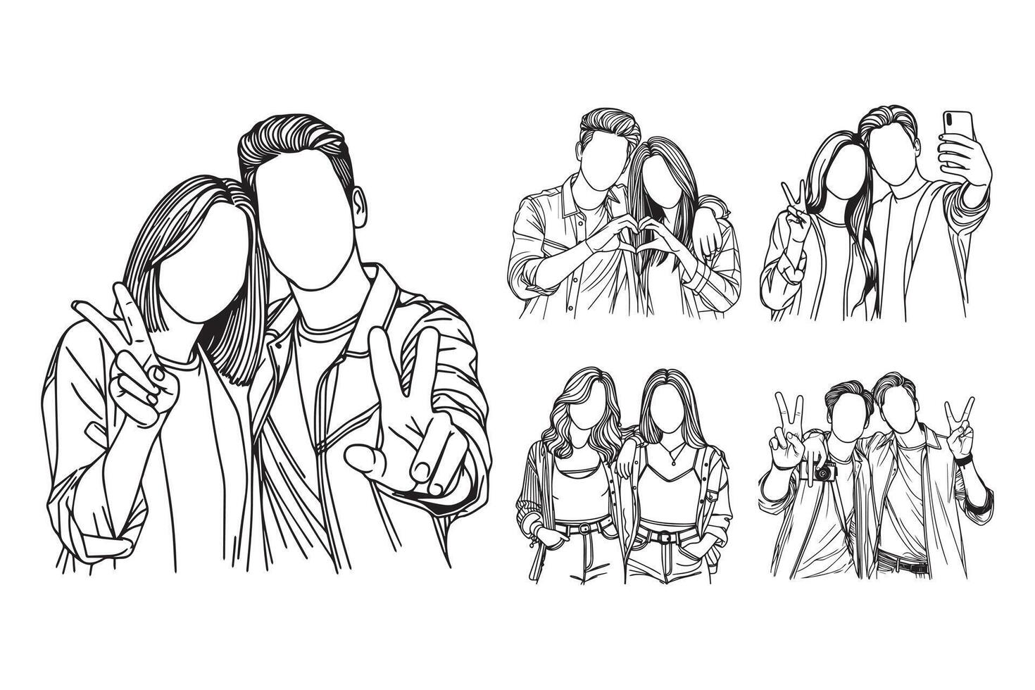 Hand-drawn clipart showcasing a joyful friendship pose with artistic sign gestures vector