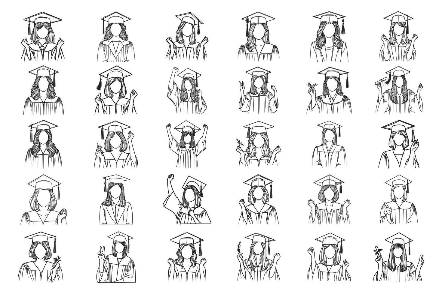 Bundle Line Art Happy Graduation Girl Celebrate Pose Use Gown Art Black and White Illustration Hand Drawn Clipart vector