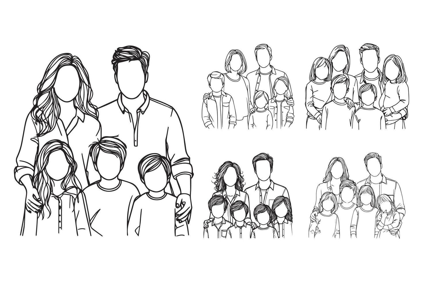 Line Art Happy Big Family Photo Pose Art Black and White Illustration Hand Drawn Clipart vector