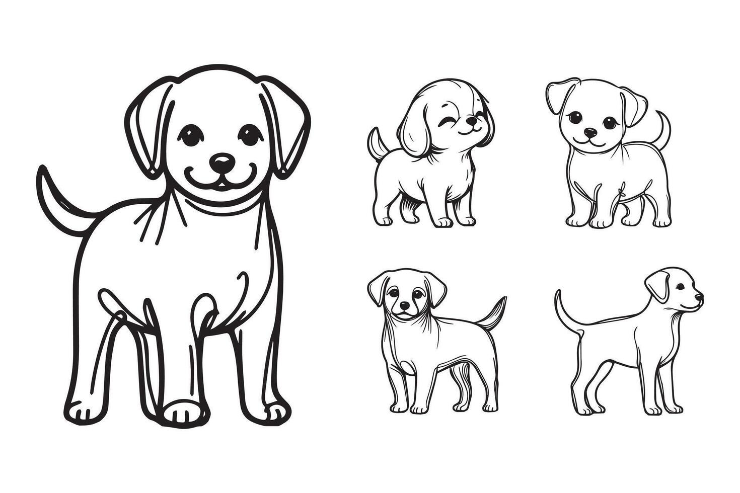 Black and white artwork depicting a cute pet dog at a stand vector