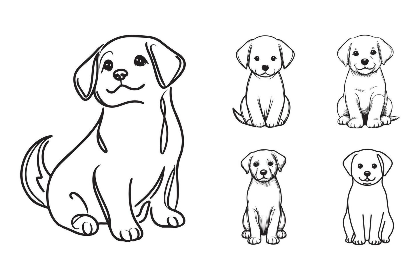 Black and white line illustration of a cute sitting dog vector