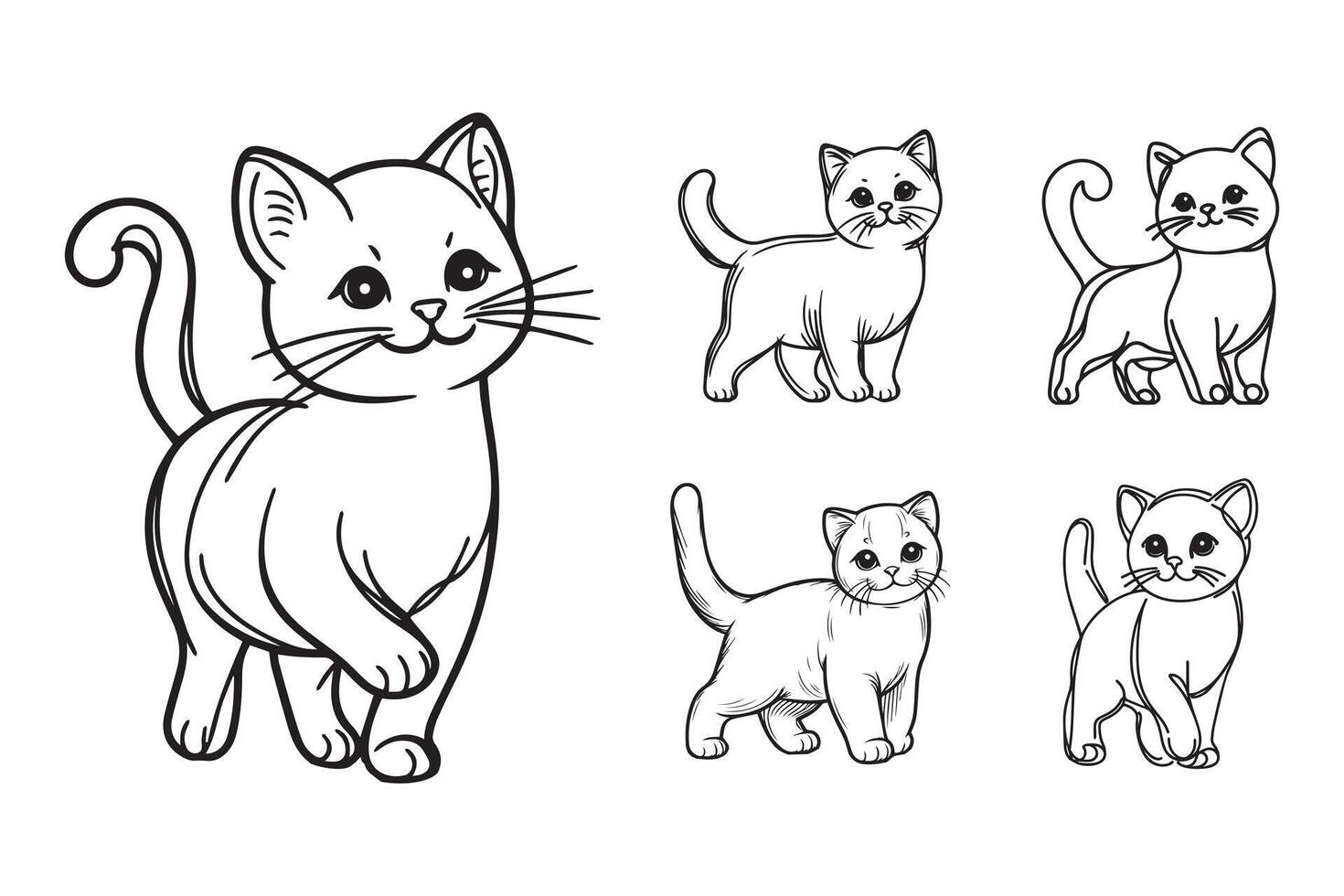 The standing pose of a pet cat is represented in line art vector