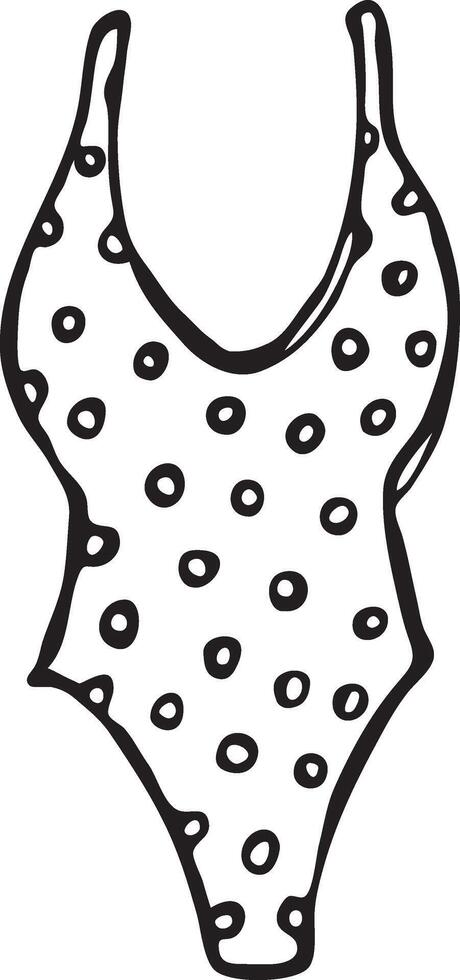 Woman one peace swimsuit. V neck with polka dots print. Hand drawn doodle ink style illustration. Black outline isolated vector