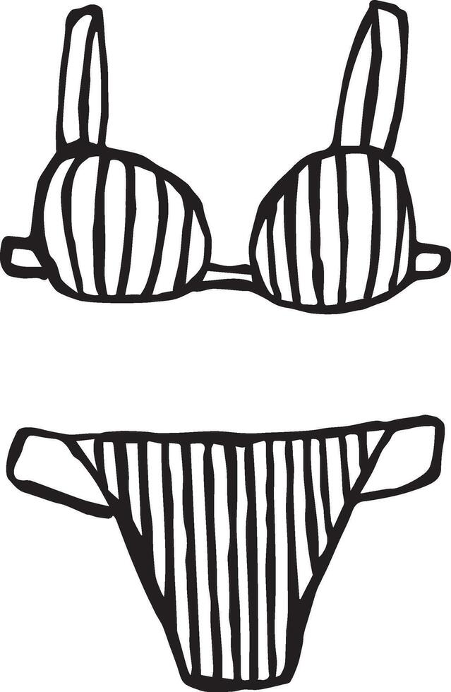 Woman swimsuit. Two piece bikini set with lines print. Hand drawn doodle ink style illustration. Black outline isolated on white. vector