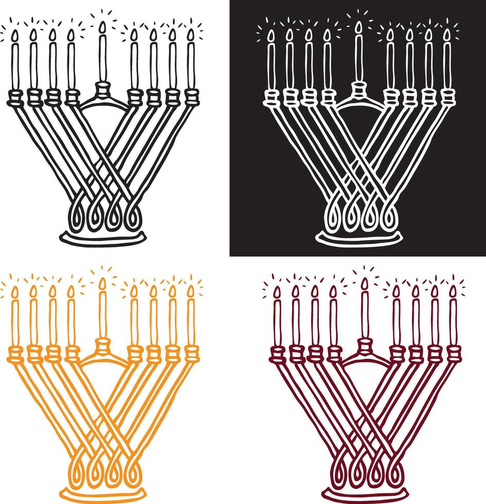 Traditional Hanukkiah Icon with Burning Candles. Hand-Drawn Doodle Symbol in Various Colors vector