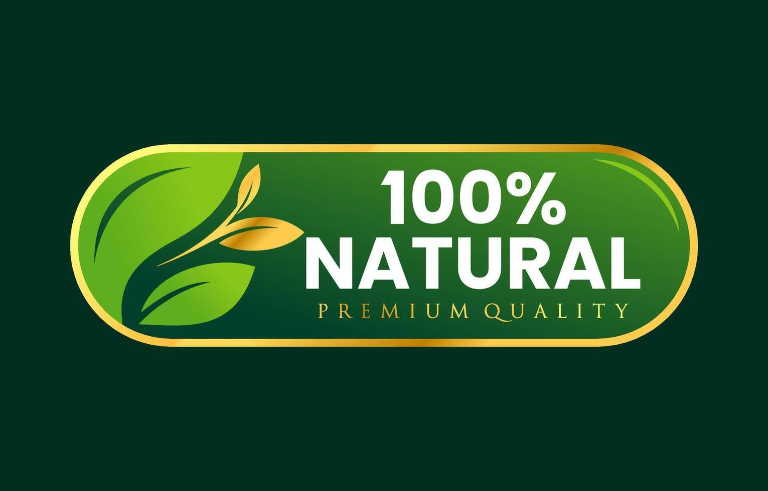 100 percent natural and organic logo with abstract green leaf in gold frame button. Premium quality for healthy food, vegan, logo, label, seal, tag, sign, seal, symbol, badge, stamp, sticker, emblem vector