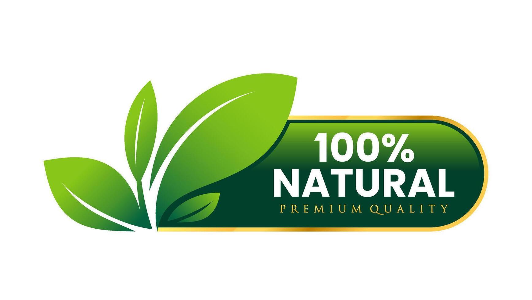 100 percent natural and organic logo with abstract green leaf in gold frame button. Premium quality for healthy food, vegan, logo, label, seal, tag, sign, seal, symbol, badge, stamp, sticker, emblem vector
