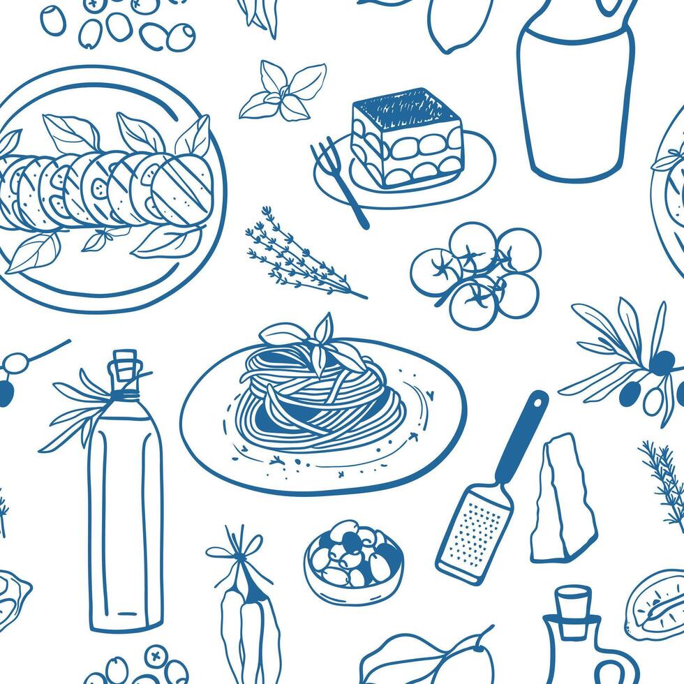 Hand drawn Italian food seamless pattern. Traditional Italian cuisine. Design for textile, fabric, cover, wrapping paper vector