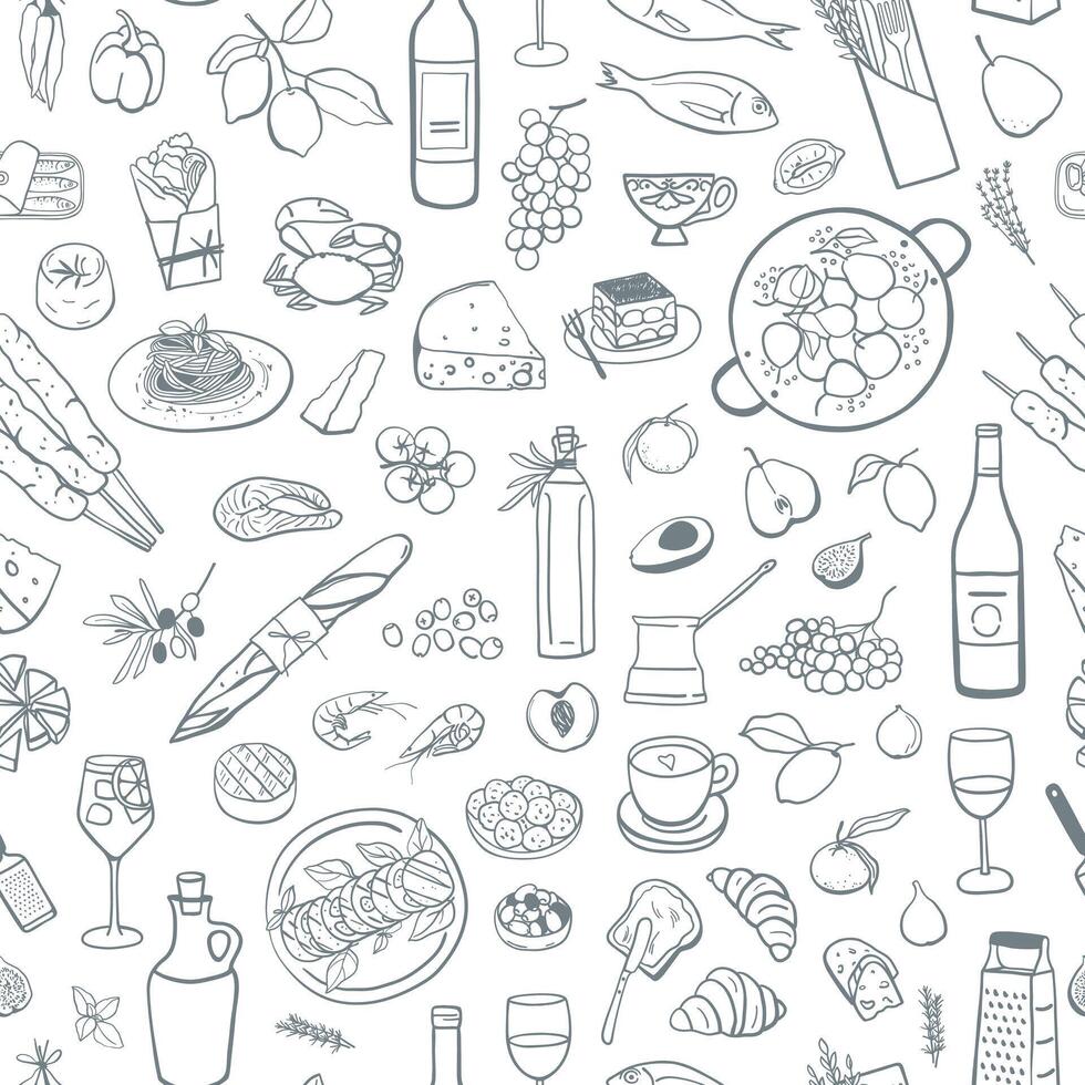 Hand drawn mediterranean food seamless pattern. Simple monochrome design for fabric, textile, wrapping paper, wallpaper, cover vector