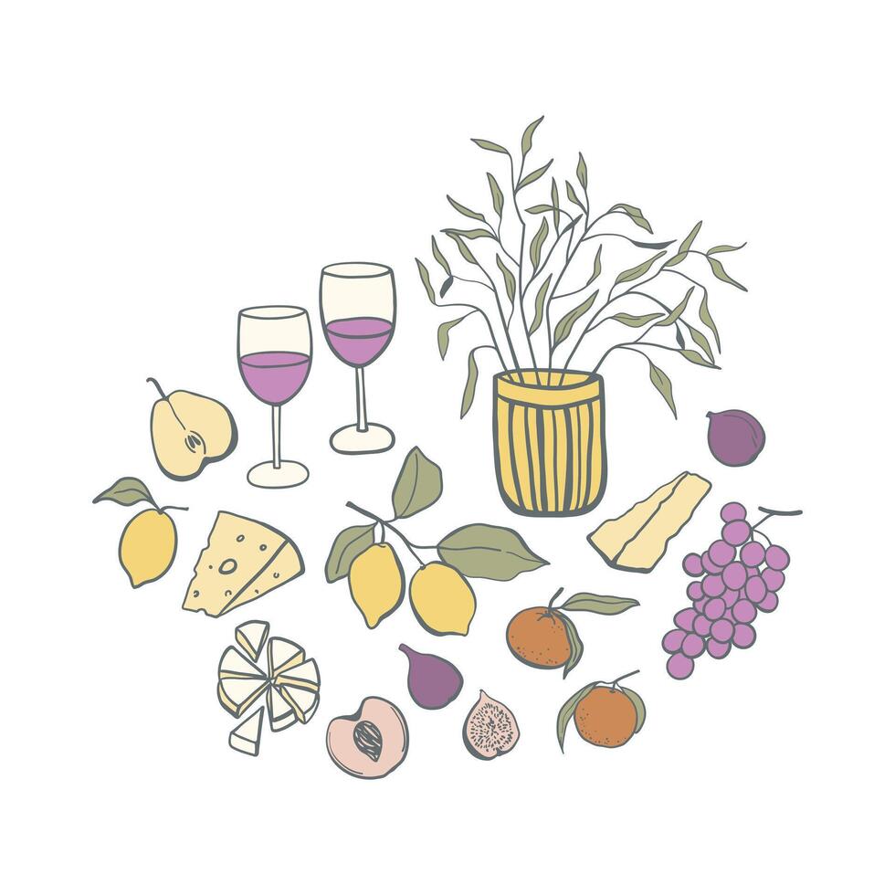 Hand drawn retro style food composition. Set of fruits, cheese and wine vector