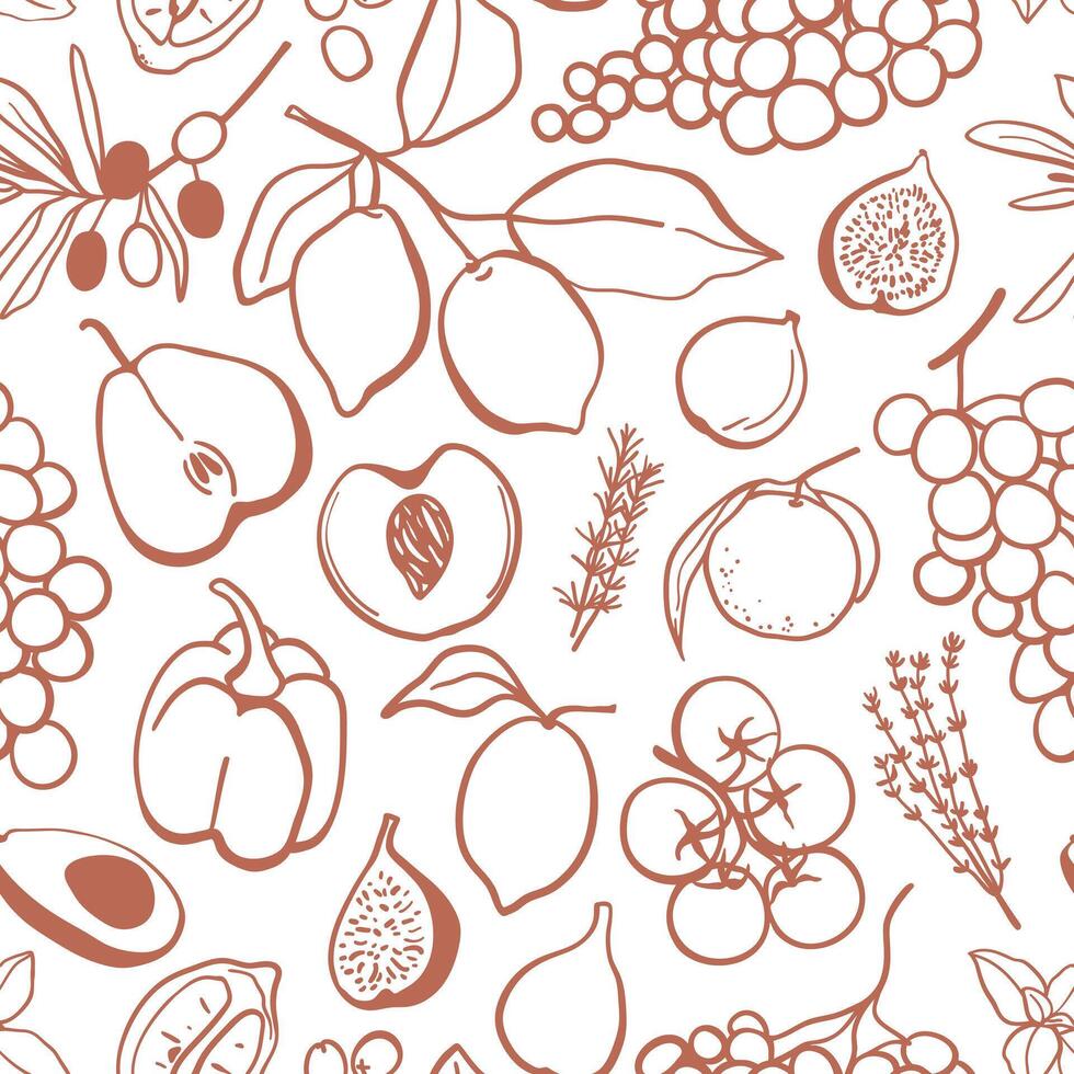 Hand drawn fruits and vegetables seamless pattern. Food design for fabric, textile, wrapping paper, cover vector