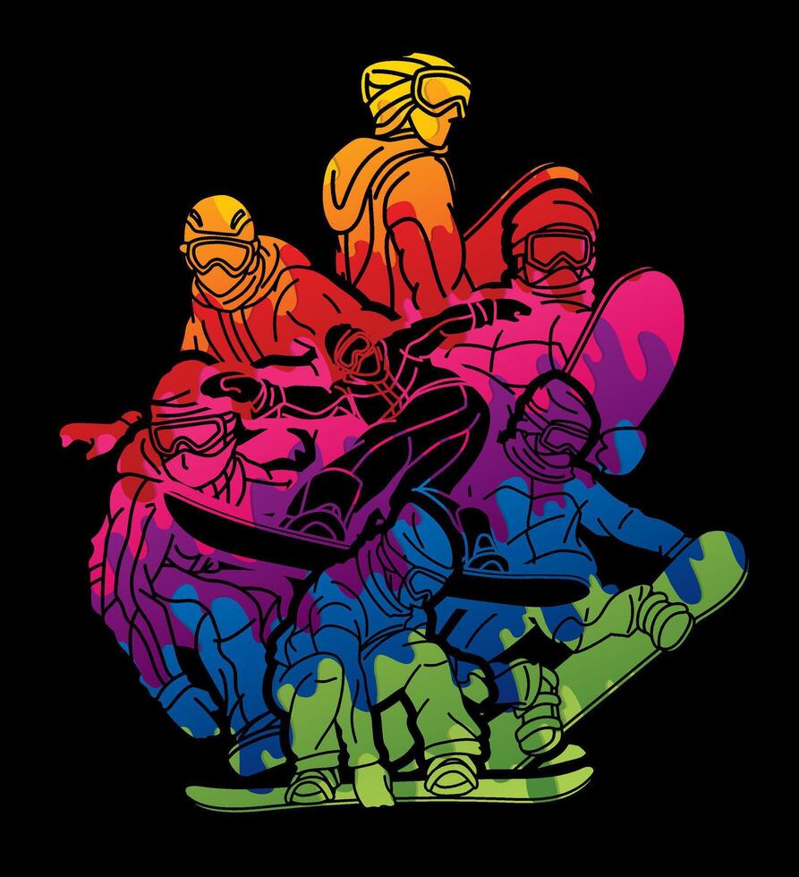 Group of Snowboard Players Snowboarder Mix Action Cartoon Graphic vector